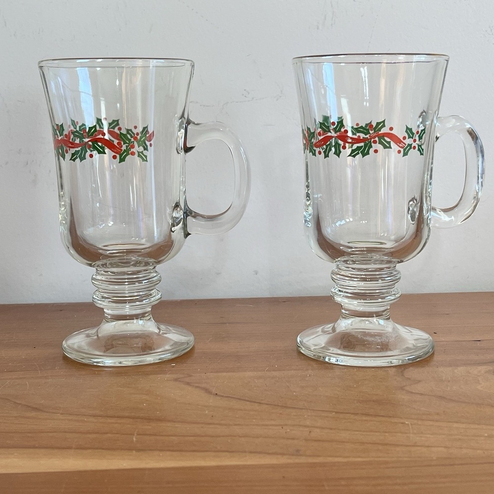 Set Of 2 Vintage Libbey Irish Coffee Mugs Christmas Holly Berry Ribbon Gold Band